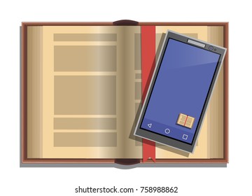 Open book and phone with the app for reading, vector illustration