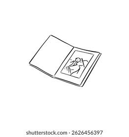 An open book with a photo on inside page. Illustration in a sketchy style.