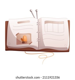 An open book with a picture of mittens and knitting needles on the background. Detailed vector illustration.