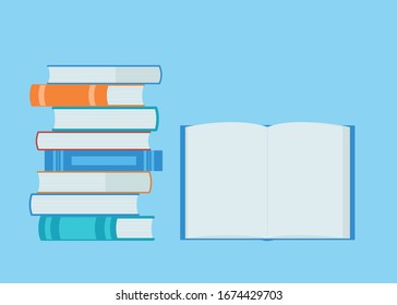 Open book and pile books. Reading, education, e-book, literature. Vector illustration in flat style