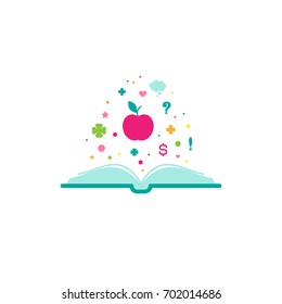 Open book with pink apple, hearts, stars, signs flying out.  Flat icon isolated on white background. Reading vector illustration. Idea logo. Inspiration pictogram. Power of knowledge sign.