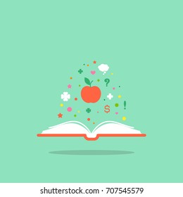 Open book with pink apple, hearts, stars, signs flying out.  Flat icon isolated on turquoise  background. Reading vector illustration. Idea logo. Inspiration pictogram. Power of knowledge sign.