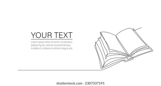 Open book with place for text in single linear style. Continuous one line drawing of notebook with flying pages. Concept for education, study, business, back to school. Handdrawn sketch for background