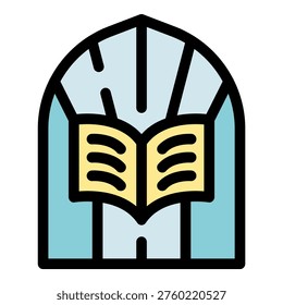 Open book placed inside an arched window, representing education, wisdom, and the pursuit of knowledge