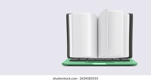 Livro aberto colocado verticalmente no teclado do notebook, simbolizando o aprendizado on-line e a educação digital. Ilustração vetorial ideal para e-learning, aulas virtuais, recursos acadêmicos e compartilhamento de conhecimento.