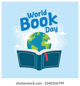 Open book and planet earth. Books are windows to the world. World Book Day concept. Flat vector illustration.