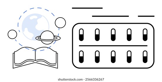 An open book with planets including Earth and capsules in blister packs. Ideal for education, science, healthcare, astronomy, and medicine. Minimalistic, clean design, vector style