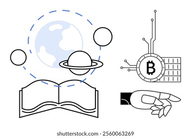 Open book with planets and orbits, Bitcoin sign with circuit board, robotic hand pointing. Ideal for education, technology, cryptocurrency, science fiction, digital transformation. Minimalist, modern