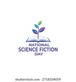 Livro aberto com broto de plantas e multicolor "Dia Nacional da Ficção Científica" texto sobre fundo claro