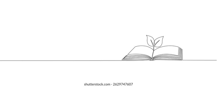 Open book with plant sprout with one continuous editable line. Symbol of education, reading and writing in one line style . Vector line illustration
