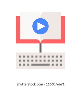 open book and play button with keyboard, e-learning concept icon