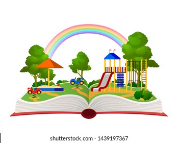Open book playground. Fantasy garden, learning amusement park green forest library, child books daydream landscape flat vector holiday cartoon playing children storybook page concept