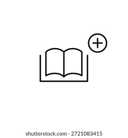 Open book and plus. Reading habit, knowledge gain. New addition to library and learning. Pixel perfect, editable stroke vector icon