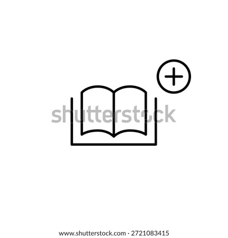 Open book and plus. Reading habit, knowledge gain. New addition to library and learning. Pixel perfect, editable stroke vector icon