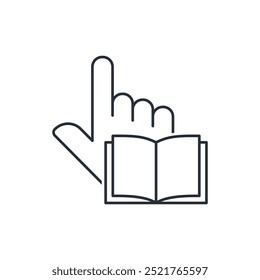 Open book with pointer. Cognitive, educational literature. Vector linear icon isolated on white background.