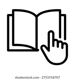 Open book with a pointing finger icon signifying reading guide, instruction manual, or online tutorial interaction