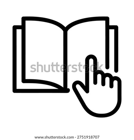 Open book with a pointing finger icon signifying reading guide, instruction manual, or online tutorial interaction