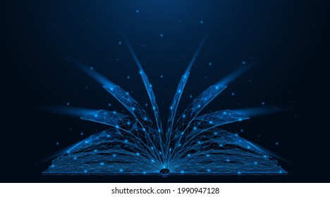 An open book. Polygonal construction of lines and points. Blue background.