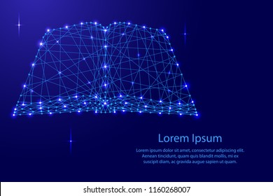 Open book of polygonal futuristic mosaic lines network, rays and space stars for banner, poster, greeting card. Vector illustration.