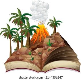 Open book with prehistoric landscape illustration