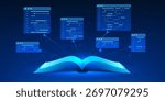 Open book projecting holographic digital code screen, symbolizing modern education technology, online learning, and the integration of traditional knowledge with digital innovation