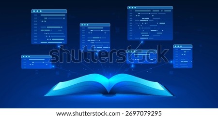 Open book projecting holographic digital code screen, symbolizing modern education technology, online learning, and the integration of traditional knowledge with digital innovation