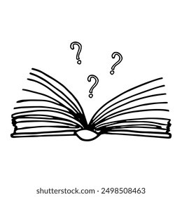 open book and question mark hand drawn in doodle style. math, school textbook illustration in simple Scandinavian style. reading, education. minimalism, monochrome