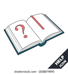 Open book and a question mark icon. 3D vector illustration in flat style isolated on white background. Icon for the Help, About, Info, Data menu or others. Editable strokes.