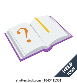 Open book and a question mark icon. 3D vector illustration in flat style isolated on white background. Icon for the Help, About, Info, Data menu or others.