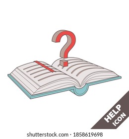 Öffnen Sie das Buch und ein Fragezeichen-Symbol. 3D-Vektorgrafik in flachem Stil einzeln auf weißem Hintergrund. Symbol für Hilfe, Info, Datenmenü oder andere. Bearbeitbare Striche.