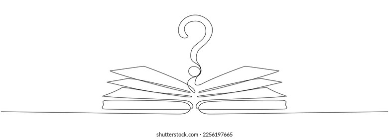 Open book and question mark one continuous line drawing. Vector illustration isolated on white.