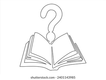 Open book and question mark one continuous line drawing. Vector illustration isolated on white