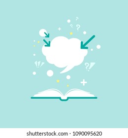 Open book with question marks, plus singn, arrows and speech bubble. Isolated on white background. Flat vector reading icon. Quotation book pictogram. Ask symbol. Curiosity logo.