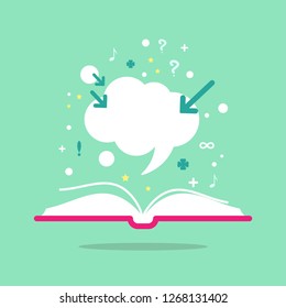 Open book with question marks, plus singn, arrows and speech bubble. Isolated on turquoise background. Flat vector reading icon. Quotation book pictogram. Ask symbol. Curiosity logo.