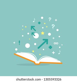 Open book with question marks, plus singn, arrows and bubbles on powder blue background. Flat vector reading icon. Quotation book pictogram. Education symbol. Curiosity logo.
