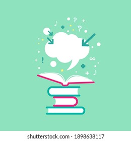 Open book with question marks, plus singn, arrows and speech bubble on powder blue background. Flat vector reading icon. Quotation book pictogram. Education symbol. Curiosity logo.