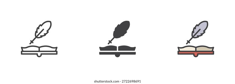 Open book with quill different style icon set for literature. Line, solid and filled outline color vector sign and symbol. Artistic icon pack for writing, history and book icon themes.