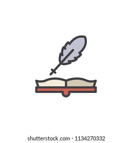 Open book and quill filled outline icon, line vector sign, linear colorful pictogram isolated on white. Book and feather pen symbol, logo illustration. Pixel perfect vector graphics