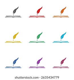 Open book and quill icon isolated on white background. Set icons colorful