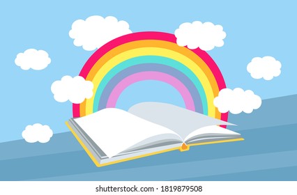 Open Book With Rainbow, Clouds. Cartoon Bookshelves Library. Flat Books Collection. School Interior Study. Vector Illustration On Blue Background