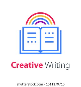 Open book and rainbow, creative writing and storytelling, education concept, read summary, text review, vector line icon
