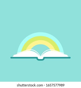 Offenes Buch mit Regenbogen . Einzeln auf blauem Hintergrund. Vektorillustration flach. Magische Märchenlesemogo.Kreativität, Fantasie und Fantasie. Zurück zur Schule