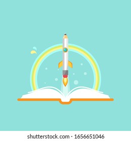 Open book, rainbow and rocket pencil with fire on blue background. Vector flat illustration. reading and learning power logo. Imagination, inspiration, fantasy, creative. Back to school card