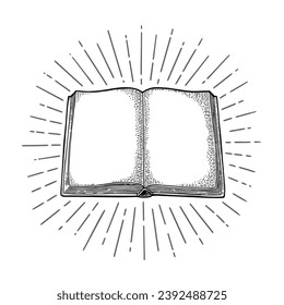 Open book with ray isolated on white background. Vector monochrome vintage engraving illustration. Hand draw in a graphic style.