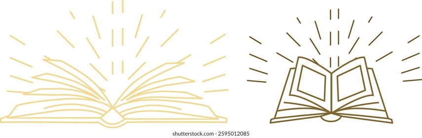 Open Book with Rays of Light Vector. Symbolizing knowledge, wisdom, inspiration. Line art graphic. Editable vector