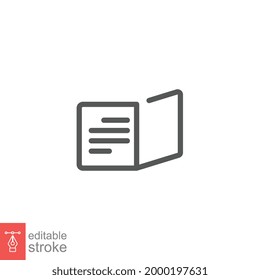 Abrir libro, leer icono de artículo. Contenido del folleto, diseño de la revista, lectura del manuscrito de la revista. Aprender estilo de línea de la tarjeta de literatura. Ilustración del vector de trazo editable. Diseño en fondo blanco. EPS 10