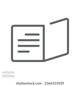 Open book, read Article icon. Brochure content, magazine layout, reading journal manuscript. Learn Literature card line style. Editable stroke Vector illustration. Design on white background. EPS 10