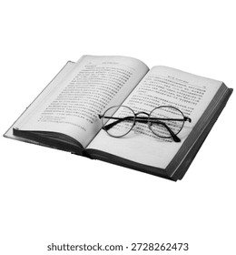 Libro abierto con gafas de lectura en las páginas. Ilustración de semitono monocromo mínimo que simboliza la lectura, la educación, el conocimiento, el estudio, la literatura, el proceso de aprendizaje y la actividad intelectual sobre fondo blanco.