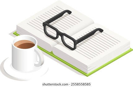 Open book with reading glasses resting on top and a coffee cup nearby, creating a cozy and inviting atmosphere perfect for immersing in literature and enjoying quiet moments