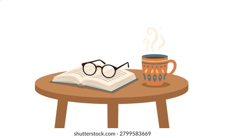 Open book with reading glasses resting on top, placed next to a steaming hot mug of coffee on a round wooden table in a cozy setting.